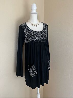 Black Boho Bird Embroidered Tunic Top Sz L - XL Long Sleeve Whimsigoth Cottage